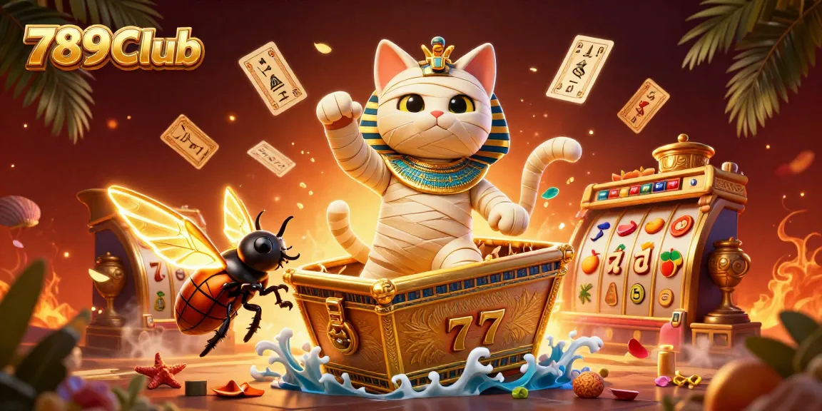 Join the thrill of 789Club with this captivating casino scene featuring a mummy cat and festive characters.