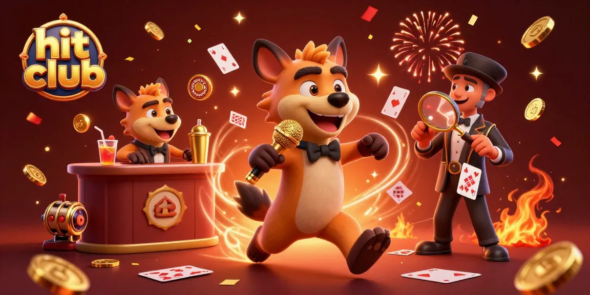 Hit club hyenas entertain at a vibrant casino, mixing drinks and checking IDs amidst gold coins and playing cards.